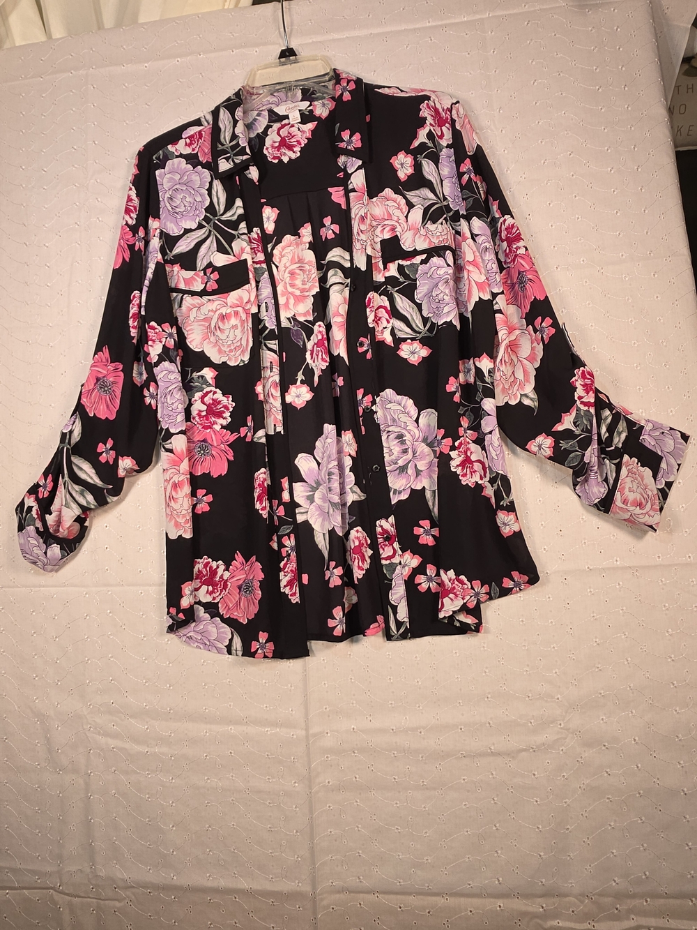 Candie's Black Button-Front Floral Shirt with Pink & Lavender Blooms
